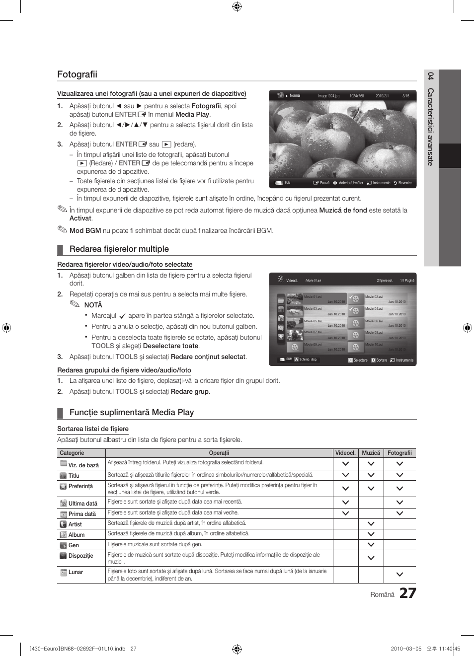 Fotografii, Redarea fişierelor multiple, Funcţie suplimentară media play | Samsung PS42C430A1W User Manual | Page 347 / 401