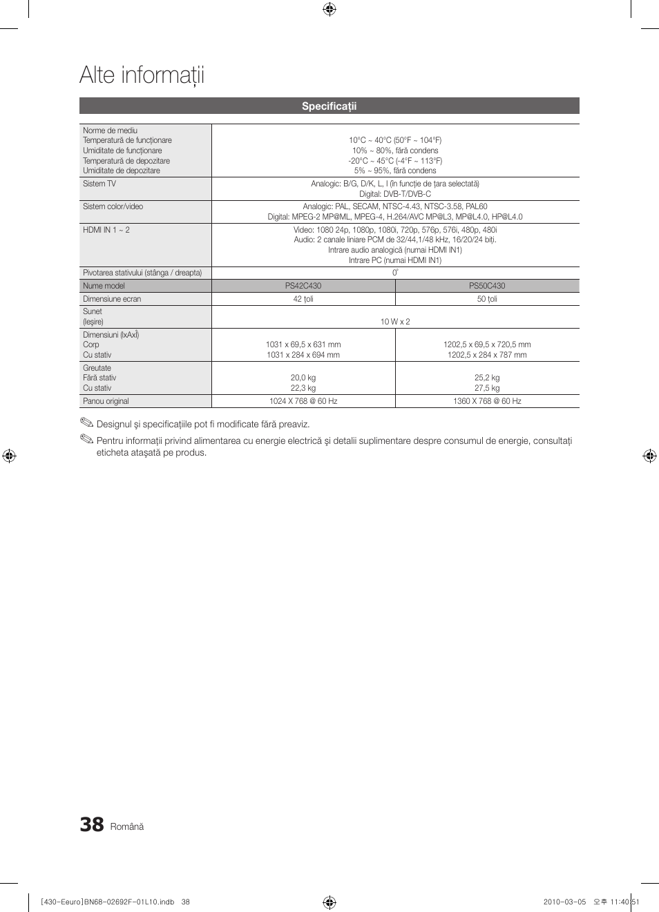 Alte informaţii | Samsung PS42C430A1W User Manual | Page 358 / 401