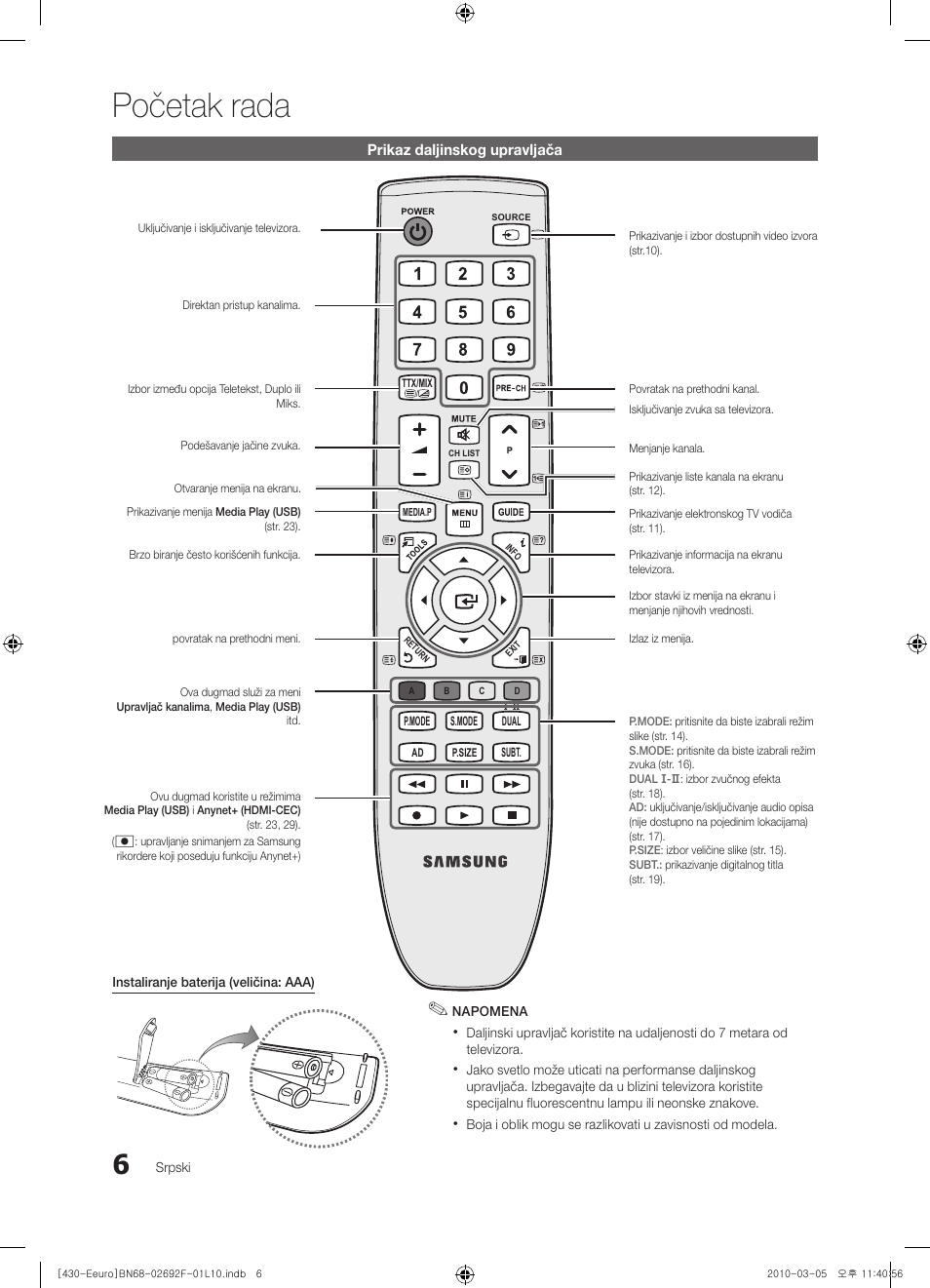 Početak rada | Samsung PS42C430A1W User Manual | Page 366 / 401