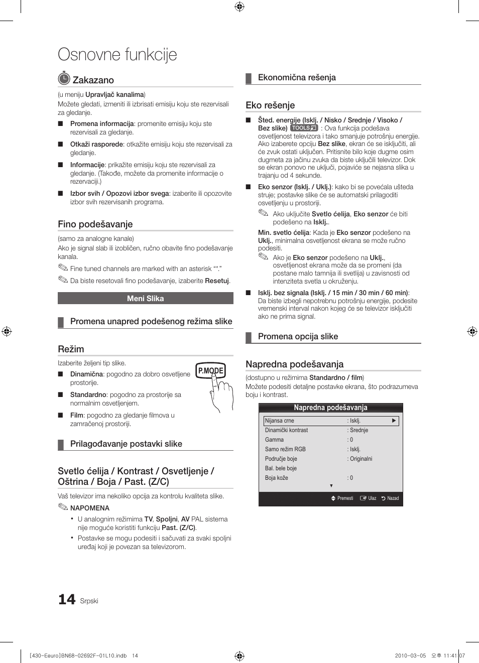 Osnovne funkcije, Zakazano, Fino podešavanje | Režim, Eko rešenje, Napredna podešavanja | Samsung PS42C430A1W User Manual | Page 374 / 401