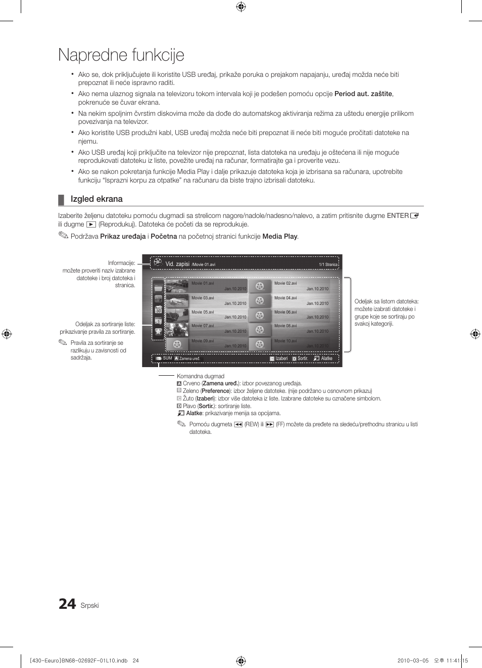 Napredne funkcije, Izgled ekrana | Samsung PS42C430A1W User Manual | Page 384 / 401