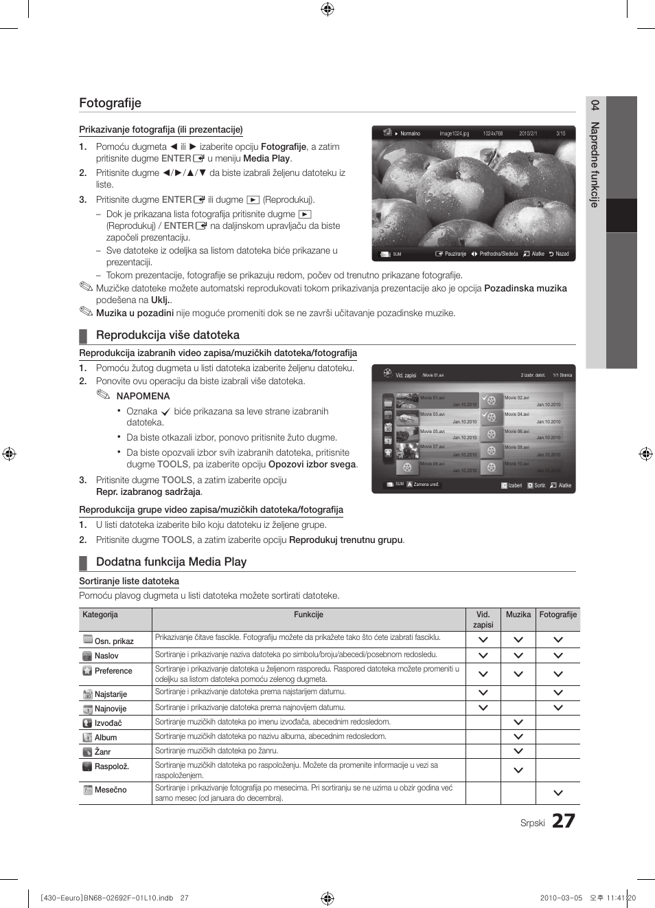 Fotografije, Reprodukcija više datoteka, Dodatna funkcija media play | Samsung PS42C430A1W User Manual | Page 387 / 401