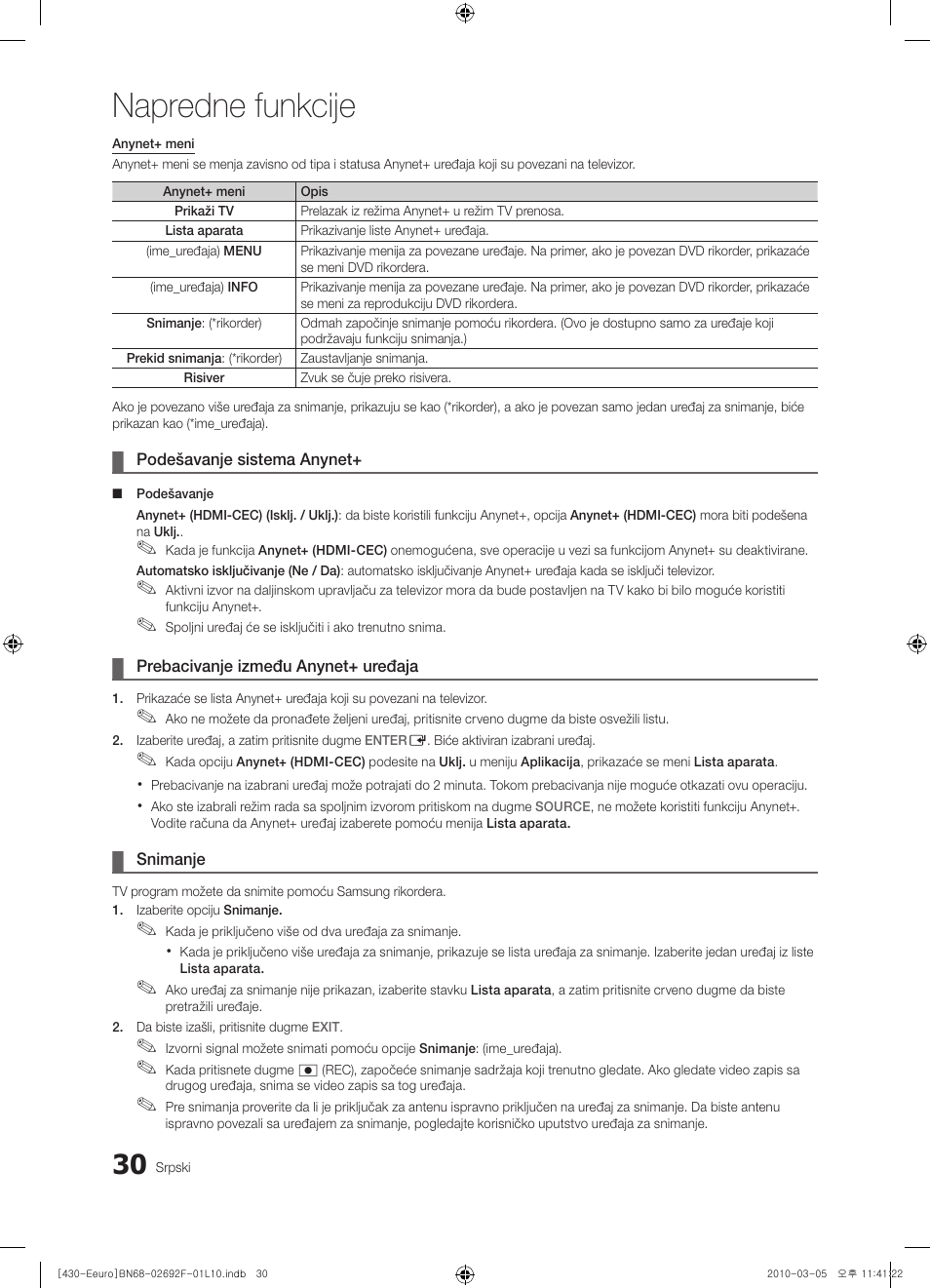 Napredne funkcije | Samsung PS42C430A1W User Manual | Page 390 / 401