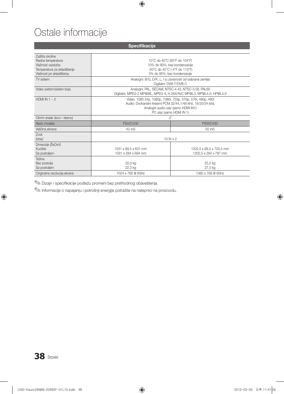 Ostale informacije | Samsung PS42C430A1W User Manual | Page 398 / 401