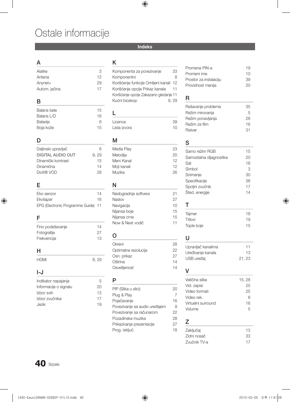 Ostale informacije | Samsung PS42C430A1W User Manual | Page 400 / 401