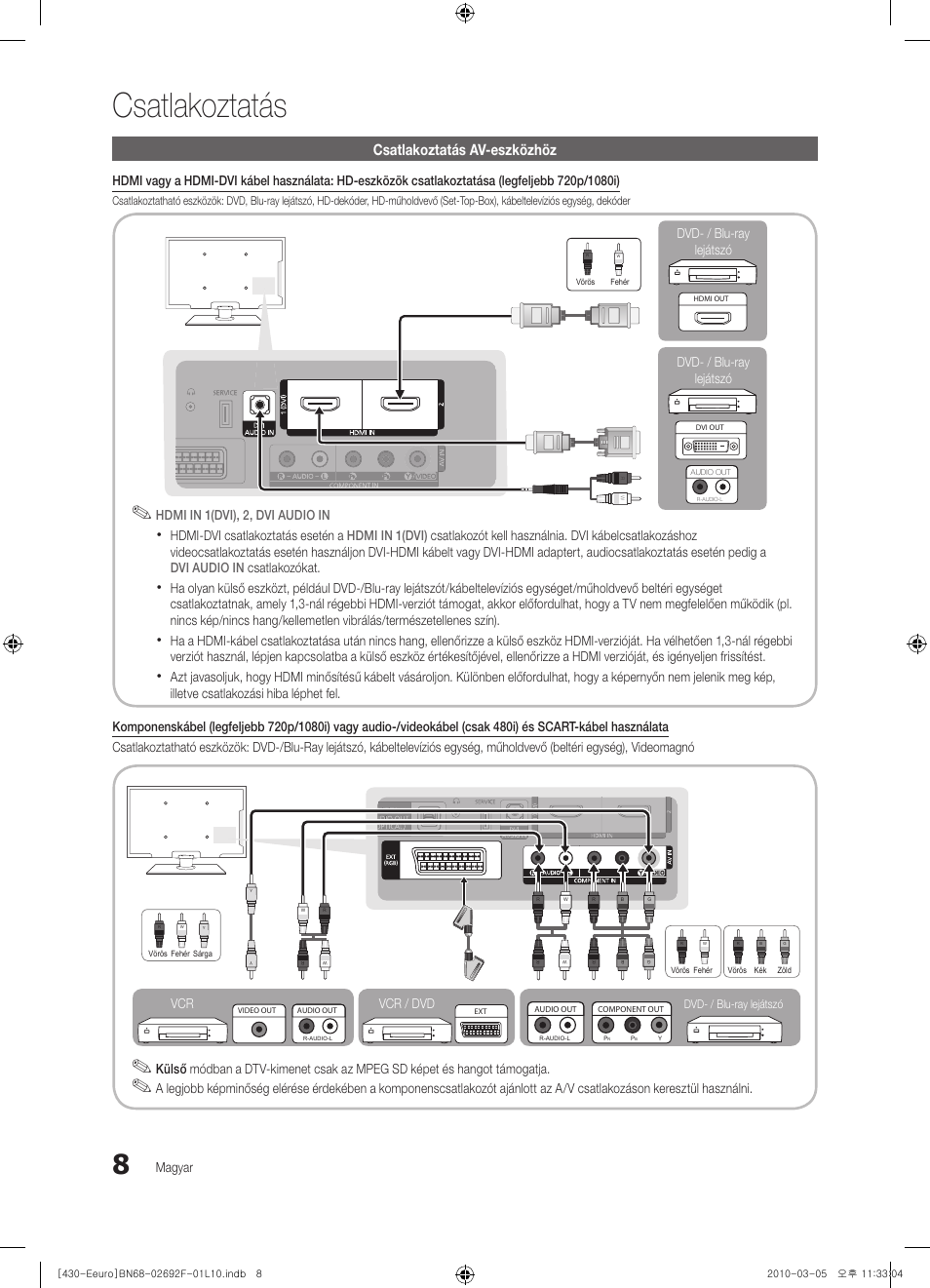 Csatlakoztatás, Csatlakoztatás av-eszközhöz | Samsung PS42C430A1W User Manual | Page 48 / 401