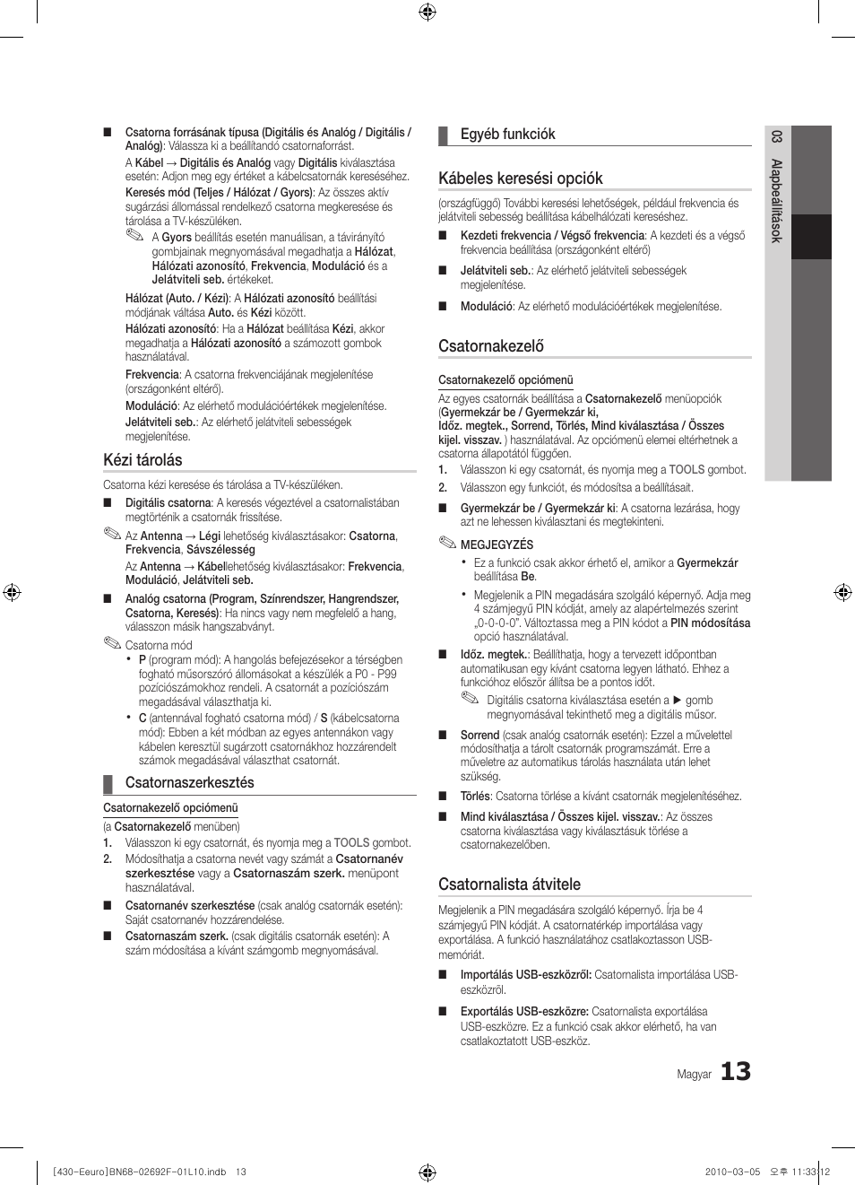 Kézi tárolás, Kábeles keresési opciók, Csatornakezelő | Csatornalista átvitele | Samsung PS42C430A1W User Manual | Page 53 / 401