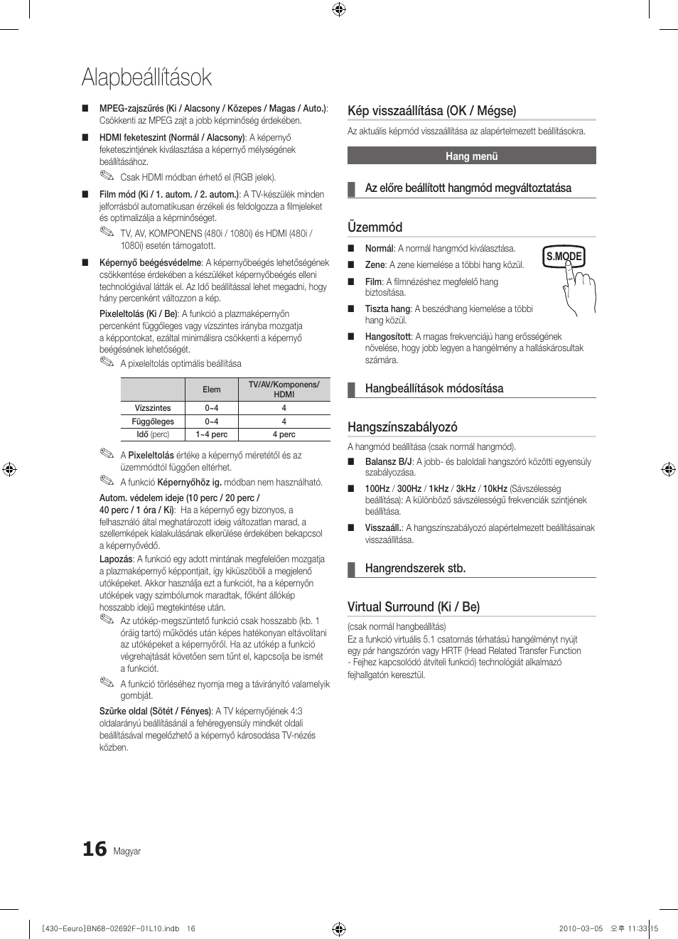 Alapbeállítások, Kép visszaállítása (ok / mégse), Üzemmód | Hangszínszabályozó, Virtual surround (ki / be) | Samsung PS42C430A1W User Manual | Page 56 / 401