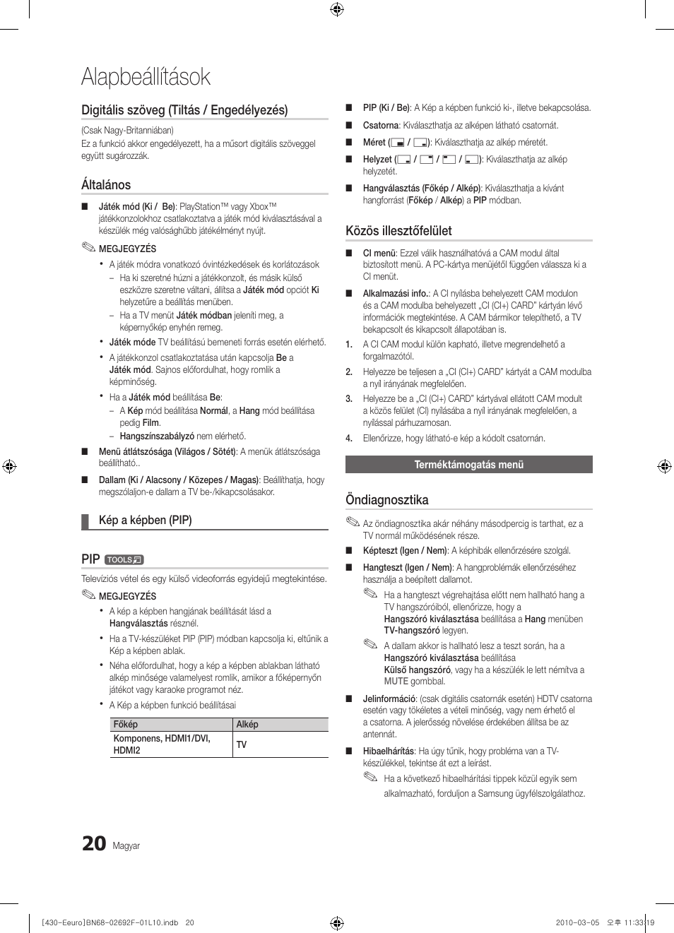 Alapbeállítások, Digitális szöveg (tiltás / engedélyezés), Általános | Közös illesztőfelület, Öndiagnosztika | Samsung PS42C430A1W User Manual | Page 60 / 401