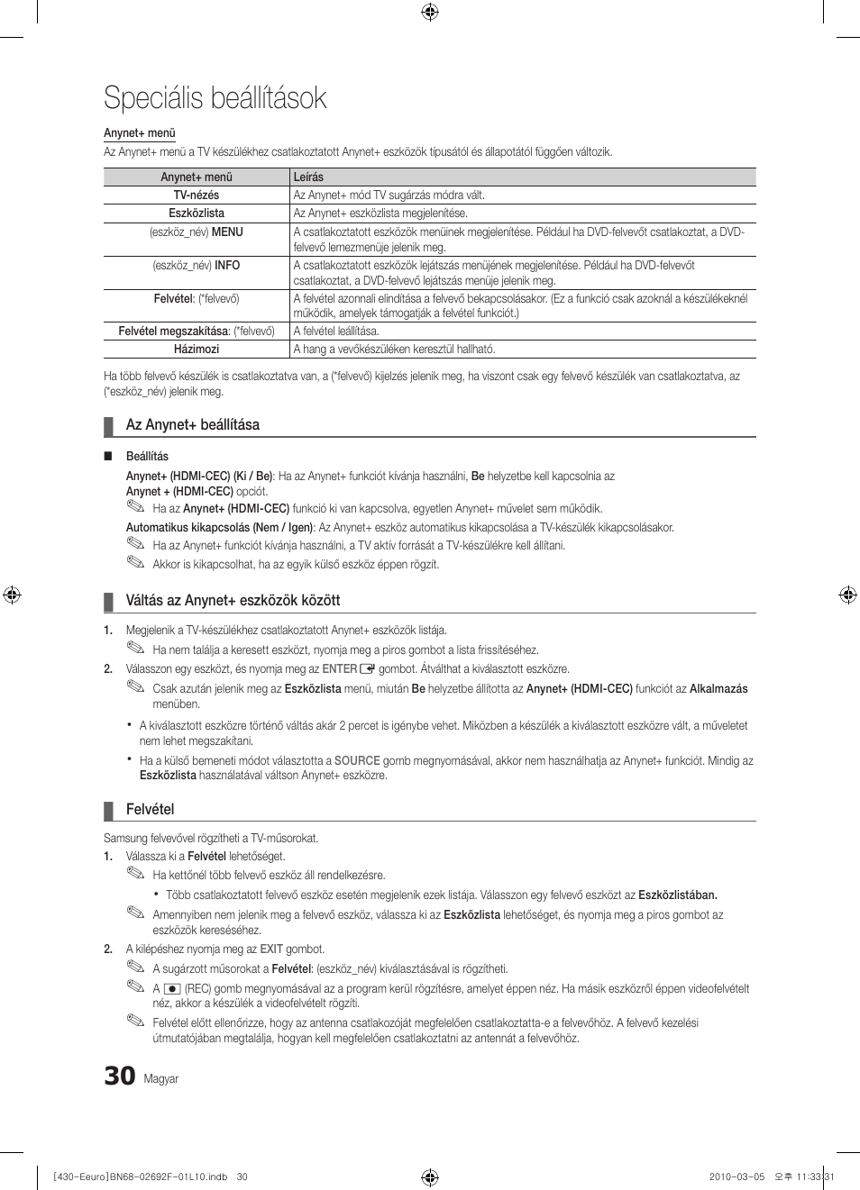 Speciális beállítások | Samsung PS42C430A1W User Manual | Page 70 / 401