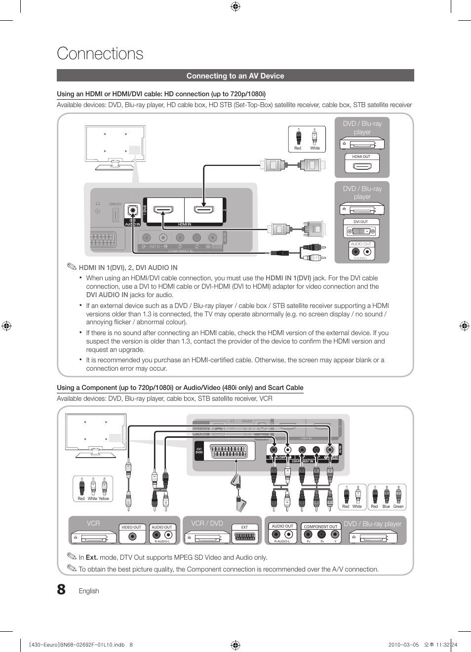 Connections, Connecting to an av device | Samsung PS42C430A1W User Manual | Page 8 / 401