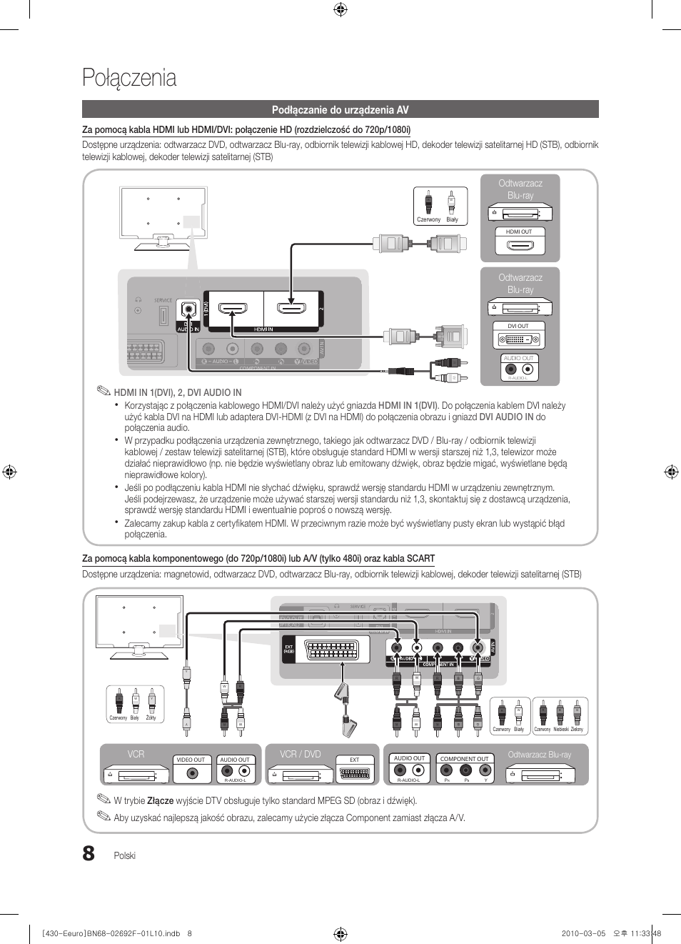 Połączenia, Podłączanie do urządzenia av | Samsung PS42C430A1W User Manual | Page 88 / 401