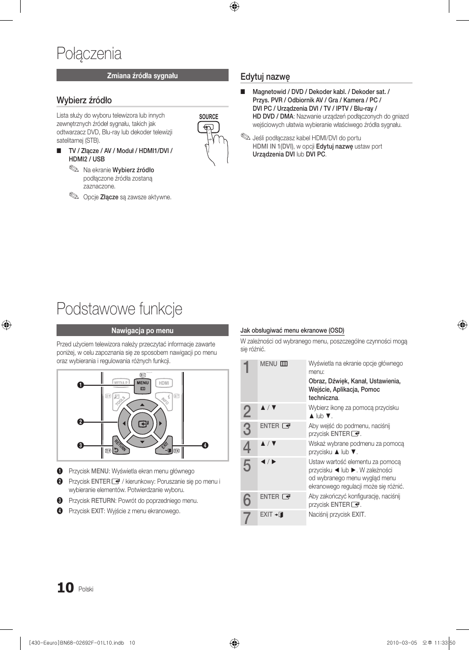 Połączenia podstawowe funkcje, Wybierz źródło, Edytuj nazwę | Samsung PS42C430A1W User Manual | Page 90 / 401