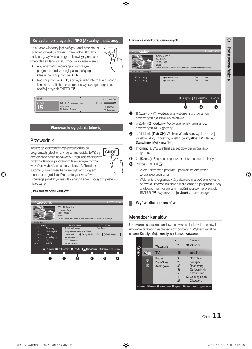 Przewodnik, Menedżer kanałów, Wyświetlanie kanałów | Guide, Planowanie oglądania telewizji, Kanały | Samsung PS42C430A1W User Manual | Page 91 / 401