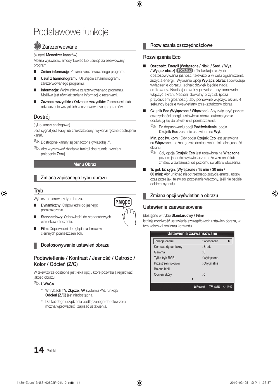 Podstawowe funkcje, Zarezerwowane, Dostrój | Tryb, Rozwiązania eco, Ustawienia zaawansowane | Samsung PS42C430A1W User Manual | Page 94 / 401