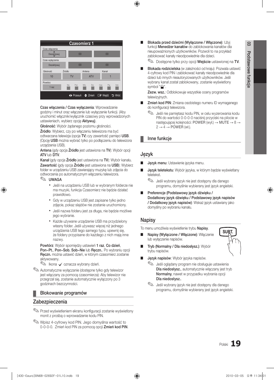 Zabezpieczenia, Język, Napisy | Samsung PS42C430A1W User Manual | Page 99 / 401