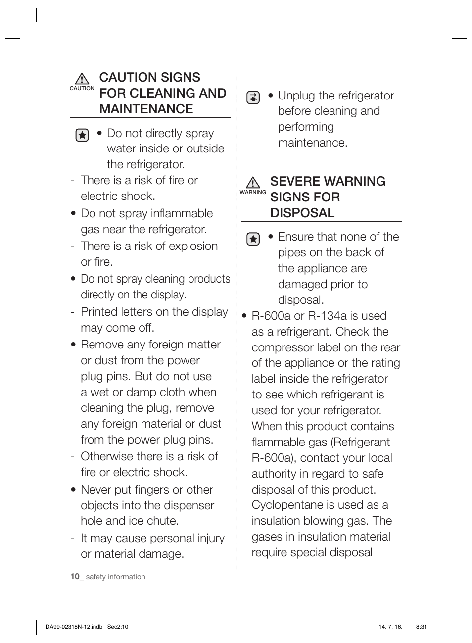 Caution signs for cleaning and maintenance, Severe warning signs for disposal | Samsung RSH5ZL2A User Manual | Page 10 / 276