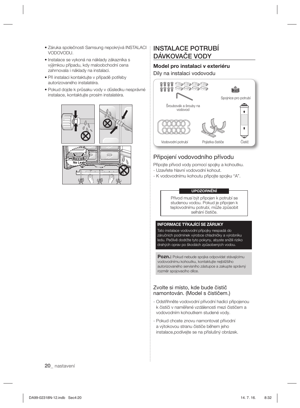 Instalace potrubí dávkovače vody, Připojení vodovodního přívodu | Samsung RSH5ZL2A User Manual | Page 112 / 276