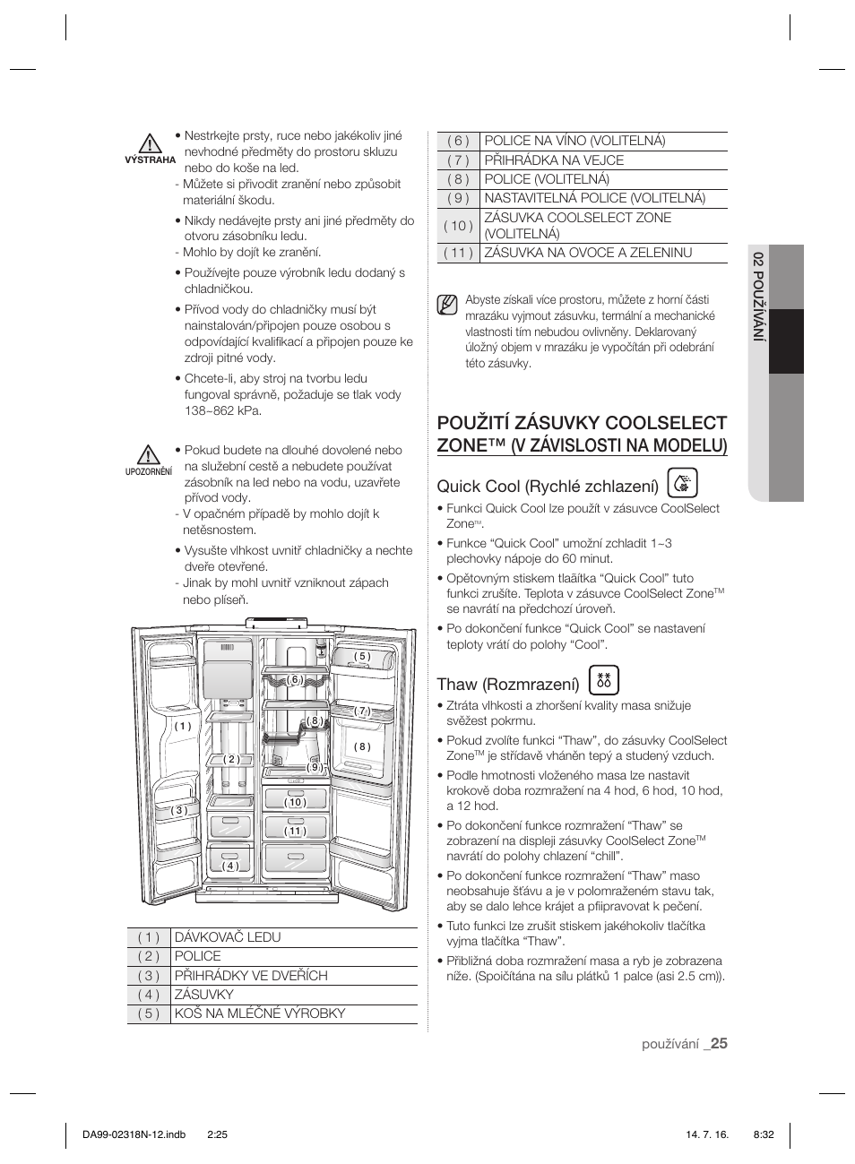 Quick cool (rychlé zchlazení), Thaw (rozmrazení) | Samsung RSH5ZL2A User Manual | Page 117 / 276