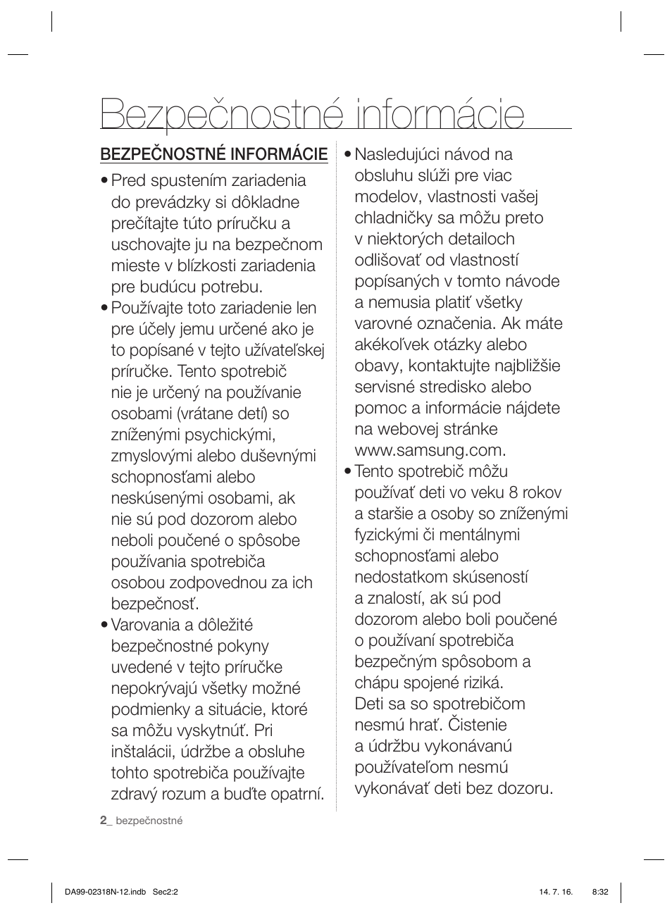 Bezpečnostné informácie | Samsung RSH5ZL2A User Manual | Page 124 / 276