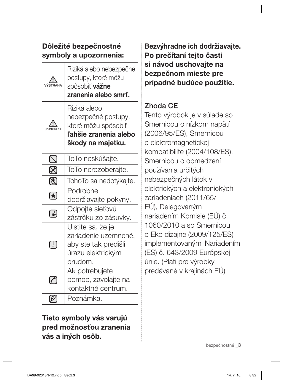 Dôležité bezpečnostné symboly a upozornenia | Samsung RSH5ZL2A User Manual | Page 125 / 276