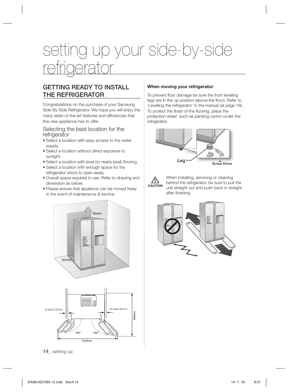 Setting up your side-by-side refrigerator, Getting ready to install the refrigerator, Selecting the best location for the refrigerator | Samsung RSH5ZL2A User Manual | Page 14 / 276