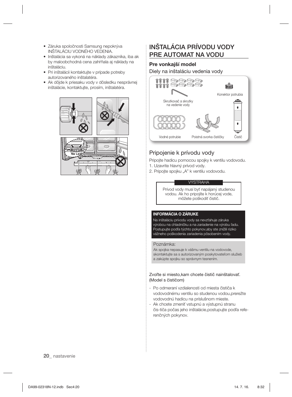 Inštalácia prívodu vody pre automat na vodu, Pripojenie k prívodu vody | Samsung RSH5ZL2A User Manual | Page 142 / 276