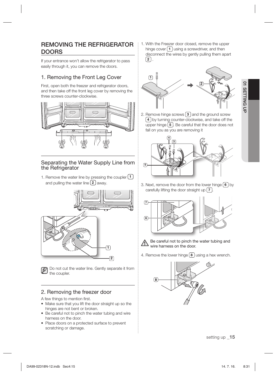 Removing the refrigerator doors, Removing the front leg cover, Removing the freezer door | Samsung RSH5ZL2A User Manual | Page 15 / 276