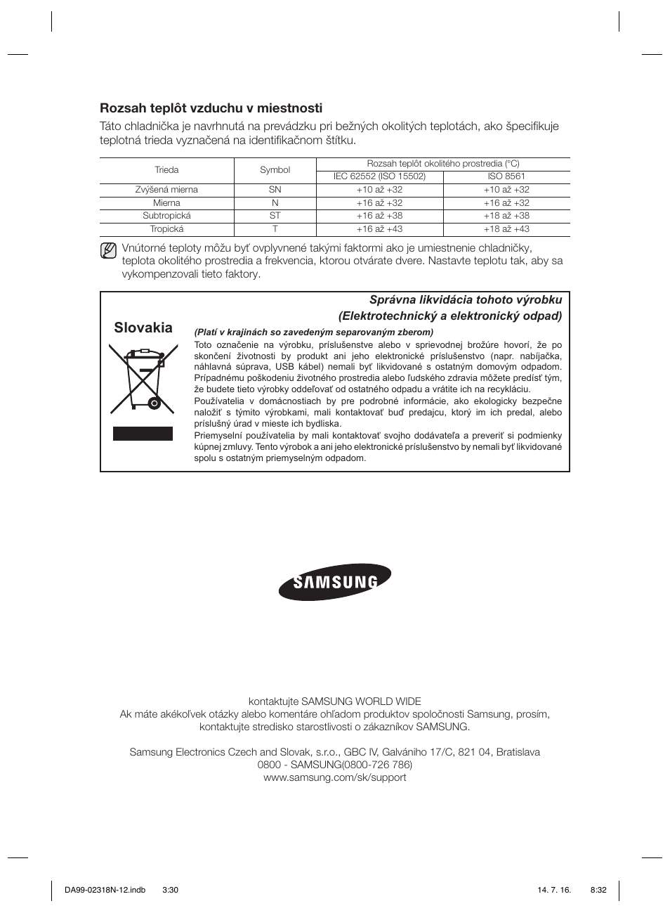 Slovakia, Rozsah teplôt vzduchu v miestnosti | Samsung RSH5ZL2A User Manual | Page 152 / 276