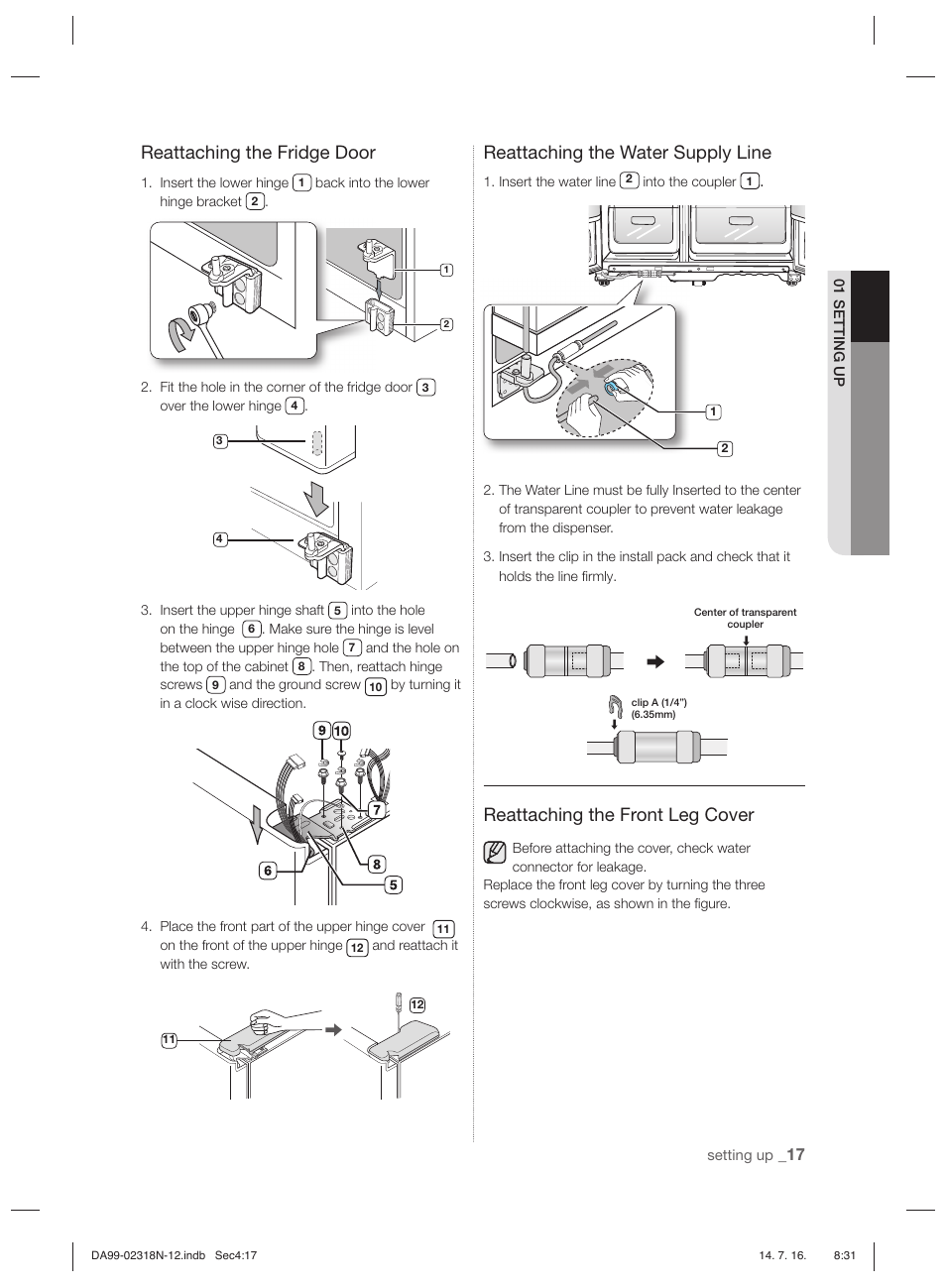 Reattaching the fridge door, Reattaching the water supply line, Reattaching the front leg cover | Samsung RSH5ZL2A User Manual | Page 17 / 276