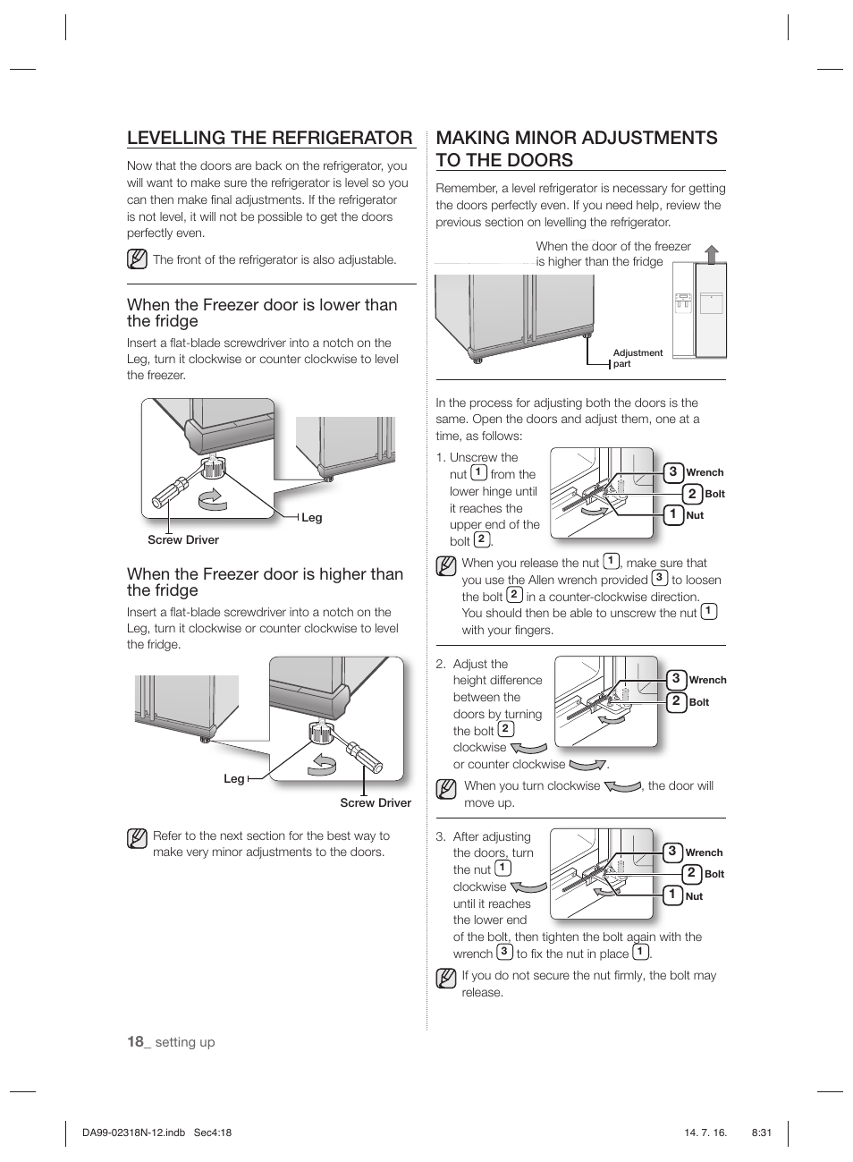 Levelling the refrigerator, Making minor adjustments to the doors, When the freezer door is lower than the fridge | When the freezer door is higher than the fridge | Samsung RSH5ZL2A User Manual | Page 18 / 276