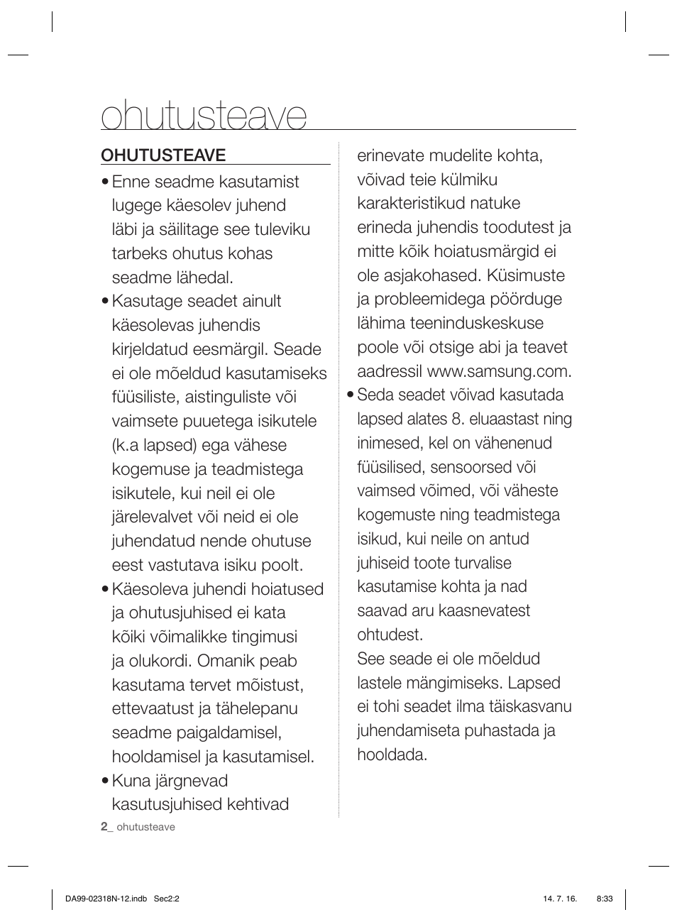 Ohutusteave | Samsung RSH5ZL2A User Manual | Page 184 / 276