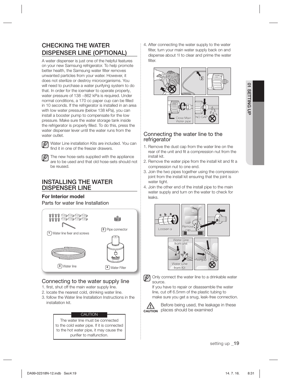 Checking the water dispenser line (optional), Installing the water dispenser line, Connecting to the water supply line | Connecting the water line to the refrigerator | Samsung RSH5ZL2A User Manual | Page 19 / 276