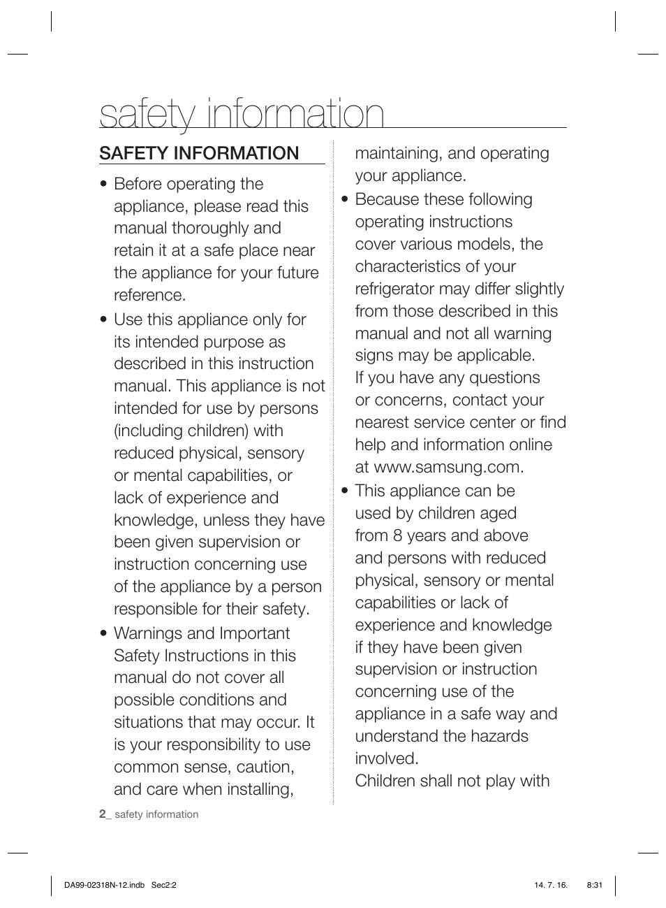 Safety information | Samsung RSH5ZL2A User Manual | Page 2 / 276