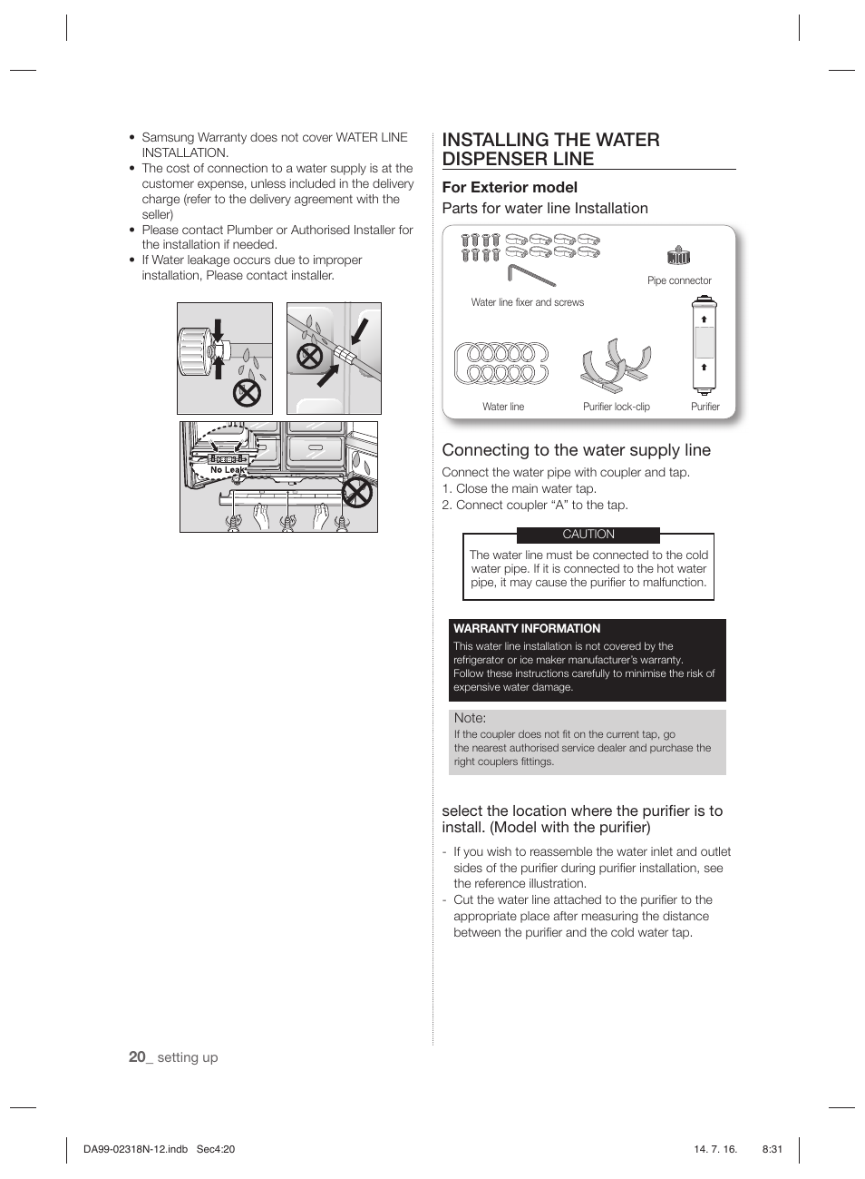 Installing the water dispenser line, Connecting to the water supply line | Samsung RSH5ZL2A User Manual | Page 20 / 276