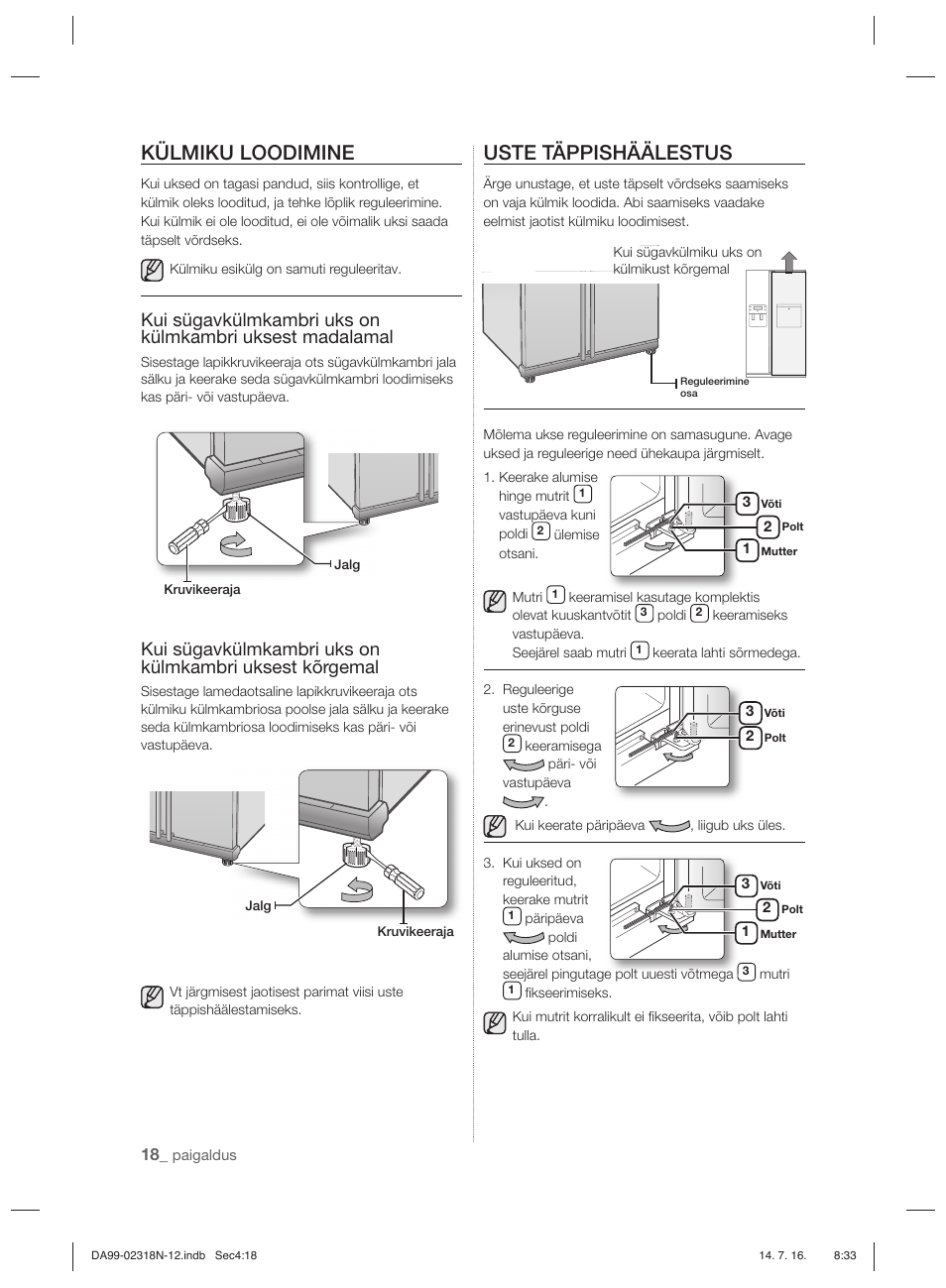 Külmiku loodimine, Uste täppishäälestus | Samsung RSH5ZL2A User Manual | Page 200 / 276