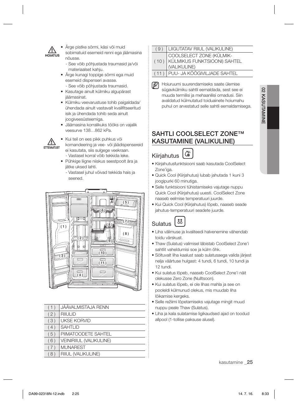 Sahtli coolselect zone™ kasutamine (valikuline), Kiirjahutus, Sulatus | Samsung RSH5ZL2A User Manual | Page 207 / 276