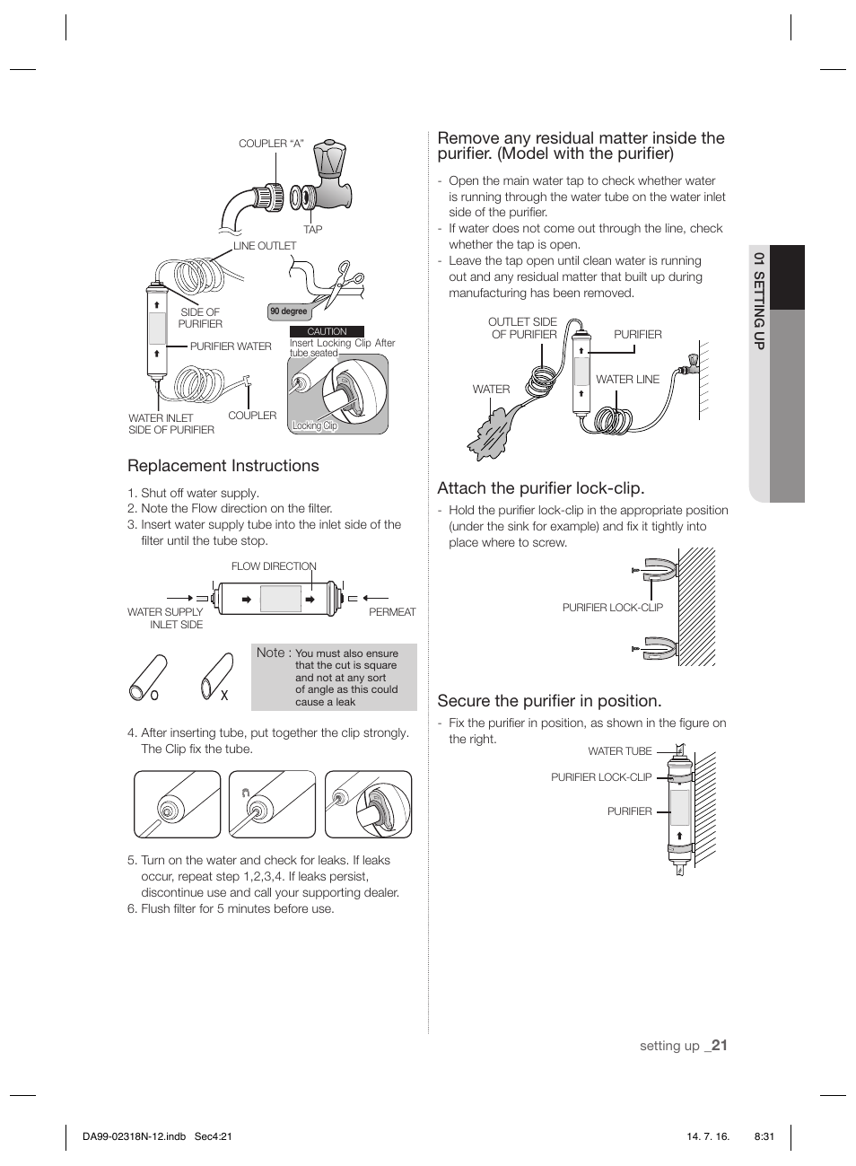 Replacement instructions, Attach the puriﬁ er lock-clip, Secure the puriﬁ er in position | Samsung RSH5ZL2A User Manual | Page 21 / 276