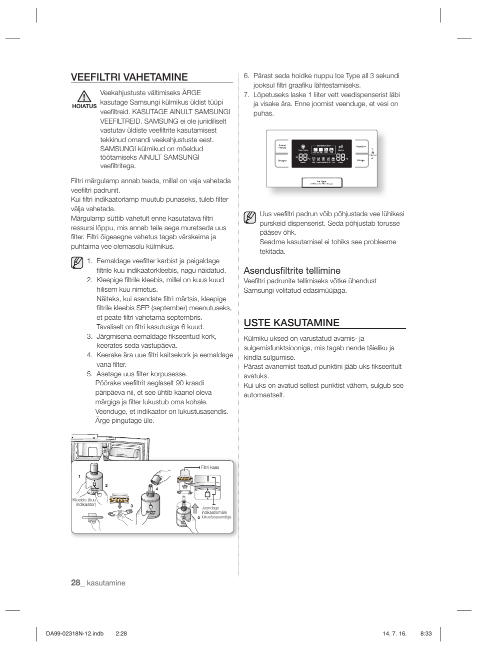 Veefiltri vahetamine, Uste kasutamine, Asendusﬁ ltrite tellimine | Samsung RSH5ZL2A User Manual | Page 210 / 276