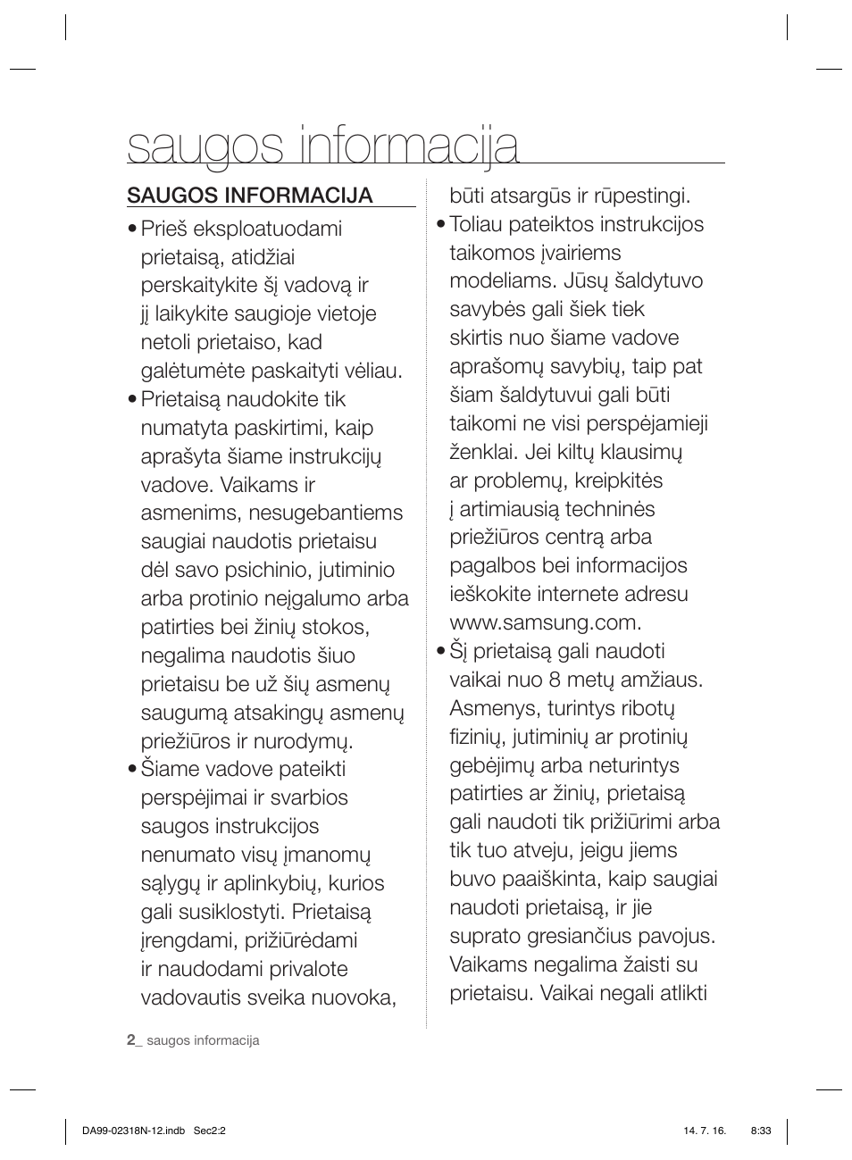 Saugos informacija | Samsung RSH5ZL2A User Manual | Page 214 / 276