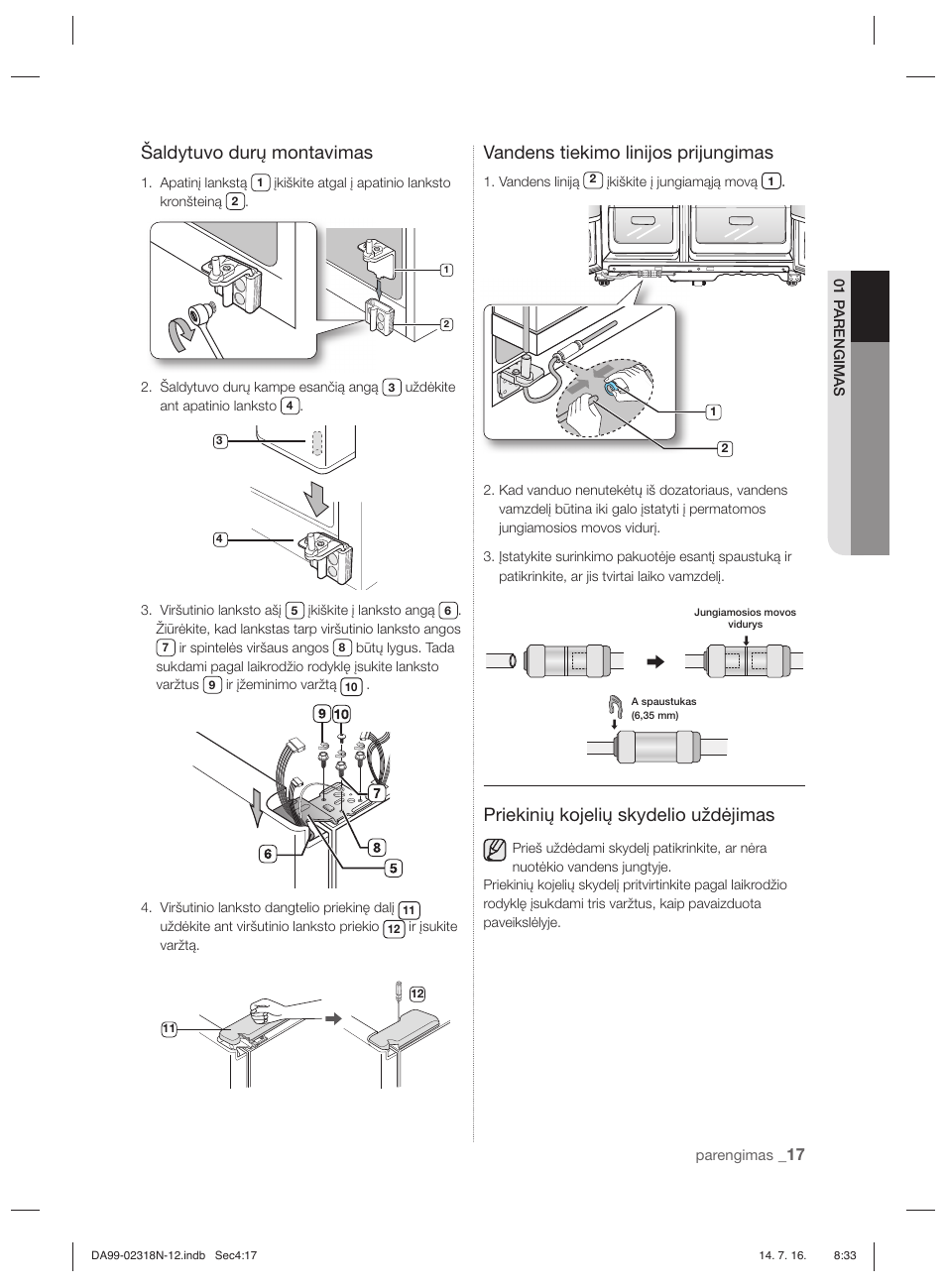 Šaldytuvo durų montavimas, Vandens tiekimo linijos prijungimas, Priekinių kojelių skydelio uždėjimas | Samsung RSH5ZL2A User Manual | Page 229 / 276