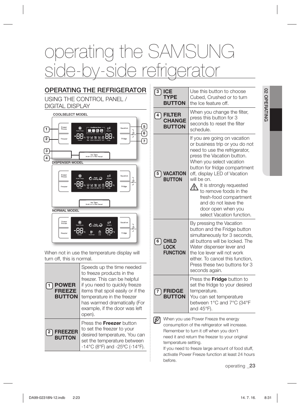 Operating the samsung side-by-side refrigerator, Operating the refrigerator, Using the control panel / digital display | Samsung RSH5ZL2A User Manual | Page 23 / 276