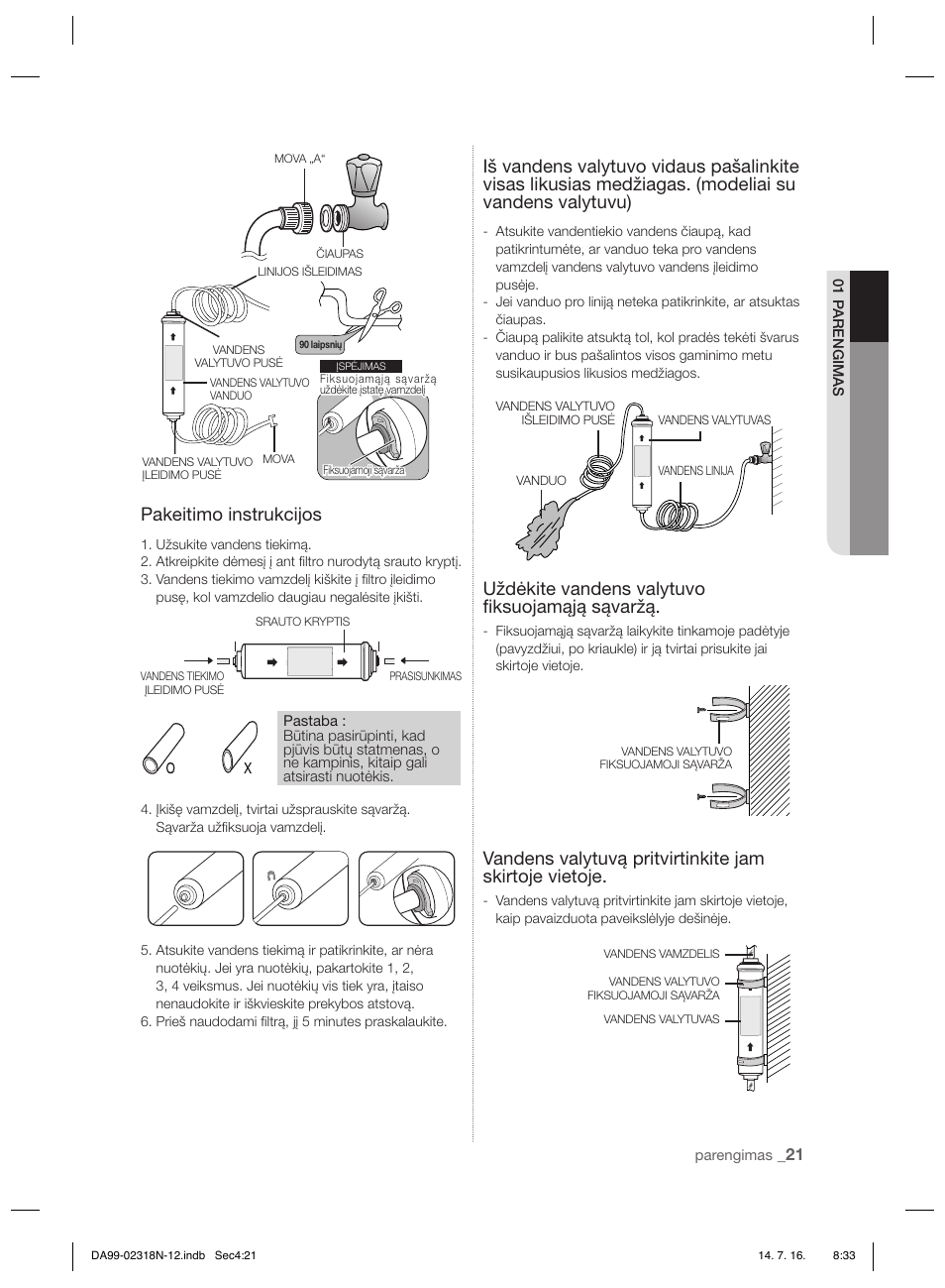 Pakeitimo instrukcijos, Uždėkite vandens valytuvo ﬁ ksuojamąją sąvaržą | Samsung RSH5ZL2A User Manual | Page 233 / 276