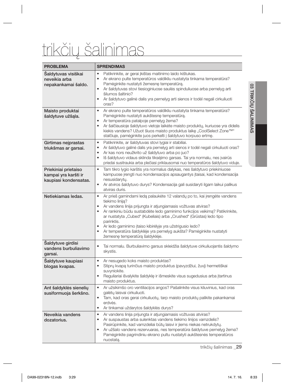 Trikčių šalinimas | Samsung RSH5ZL2A User Manual | Page 241 / 276