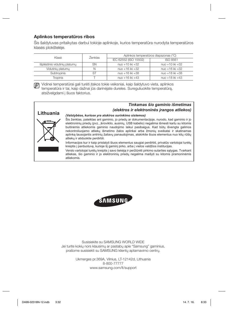 Lithuania, Aplinkos temperatūros ribos | Samsung RSH5ZL2A User Manual | Page 244 / 276