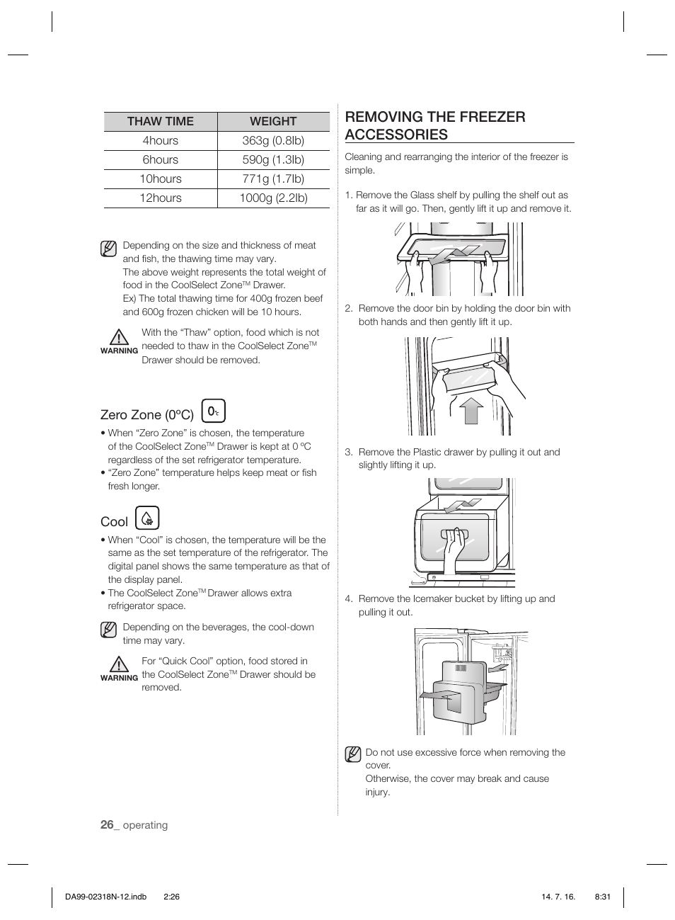 Removing the freezer accessories, Zero zone (0ºc), Cool | Samsung RSH5ZL2A User Manual | Page 26 / 276