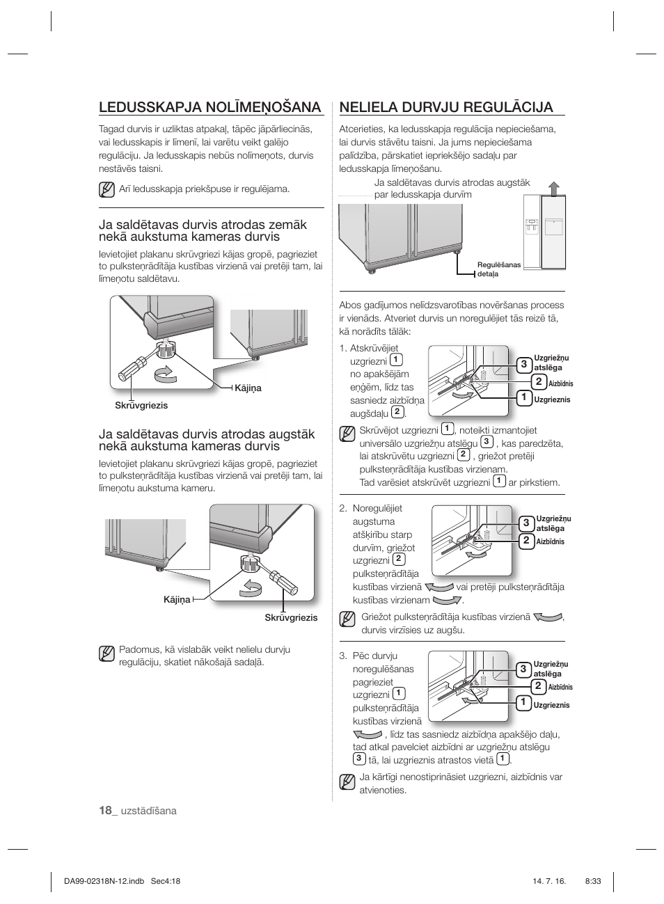 Ledusskapja nolīmeņošana, Neliela durvju regulācija | Samsung RSH5ZL2A User Manual | Page 262 / 276