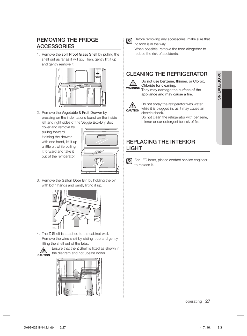 Removing the fridge accessories, Cleaning the refrigerator, Replacing the interior light | Samsung RSH5ZL2A User Manual | Page 27 / 276