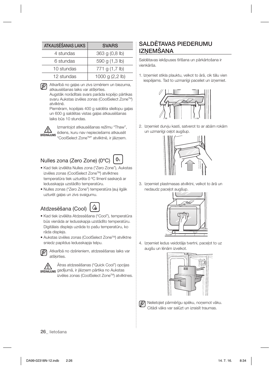 Saldētavas piederumu izņemšana, Nulles zona (zero zone) (0ºc), Atdzesēšana (cool) | Samsung RSH5ZL2A User Manual | Page 270 / 276