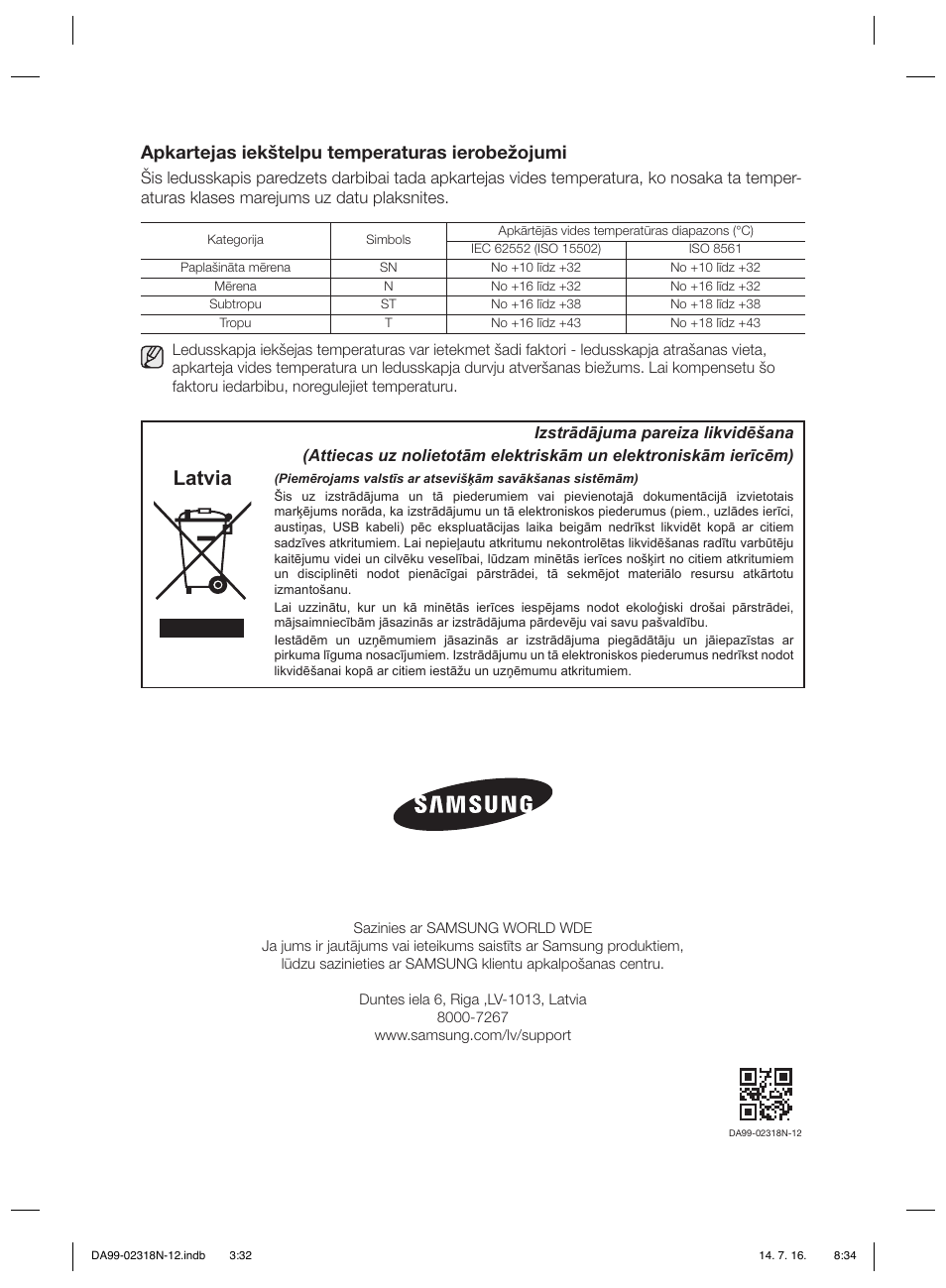 Latvia, Apkartejas iekštelpu temperaturas ierobežojumi | Samsung RSH5ZL2A User Manual | Page 276 / 276